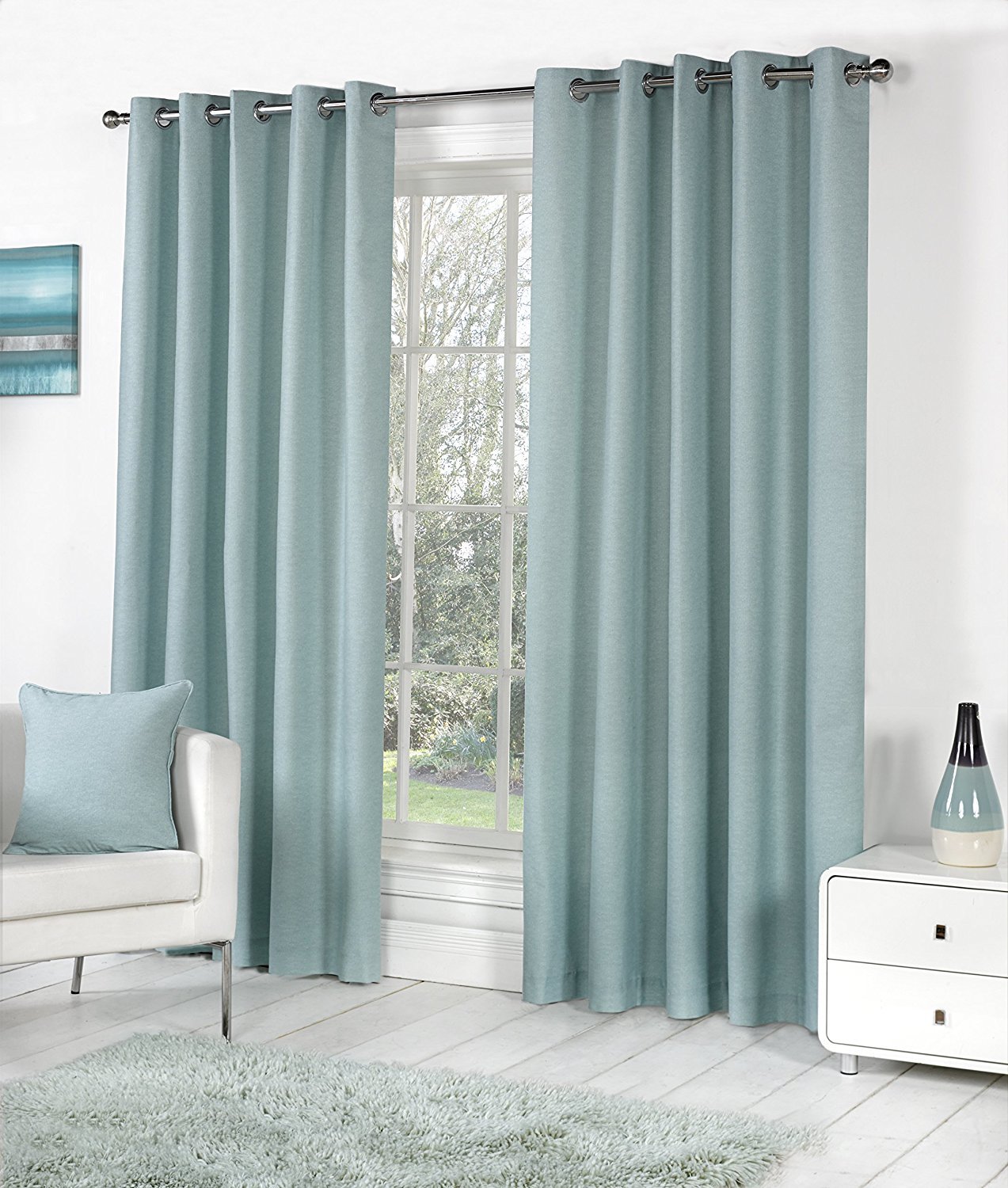 Fusion Sorbonne Duck Egg Blue Drapes W117 x L137cm – 2 Panels – 100% Cotton Eyelet – Thermal Light Blue Curtains for Bedroom/Living Room – Door Panel – Soft Textured Fabric