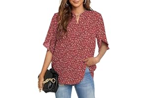 Funlingo Women's Summer Tops Short Sleeve Casual Shirts V Neck Chiffon Dressy Blouse Tops