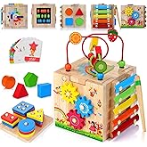 HELLOWOOD 8-in-1 Wooden Activity Cube for Kids, Sorting & Stacking Toys Shape Match Xylophone Montessori Learning Toy STEM Va