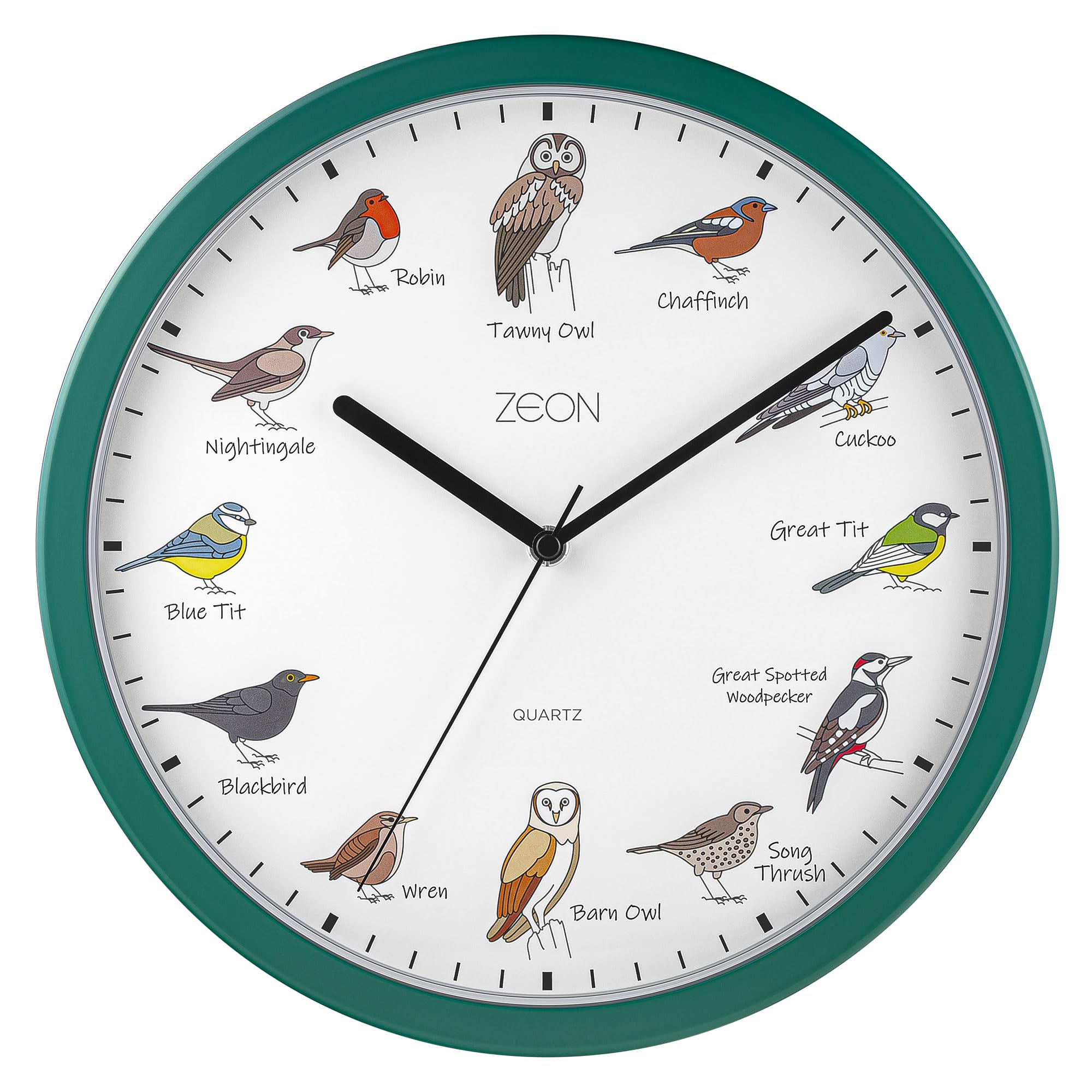 ZEON Birdsong Analogue Wall Clock, with Hourly Birdsong Announcements, Green, 29.5 cm, CE4558