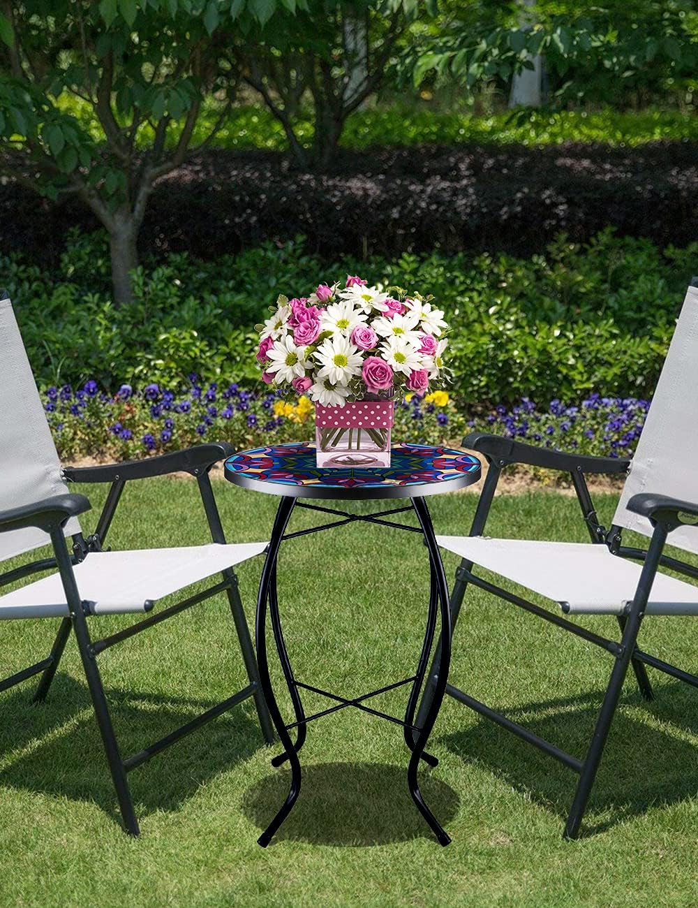 Outdoor Side Table Mosaic End Table Patio Side Table Small End Table Glass Top Round Balcony Coffee Table Porch Indoor Glass Top : Garden & Outdoor