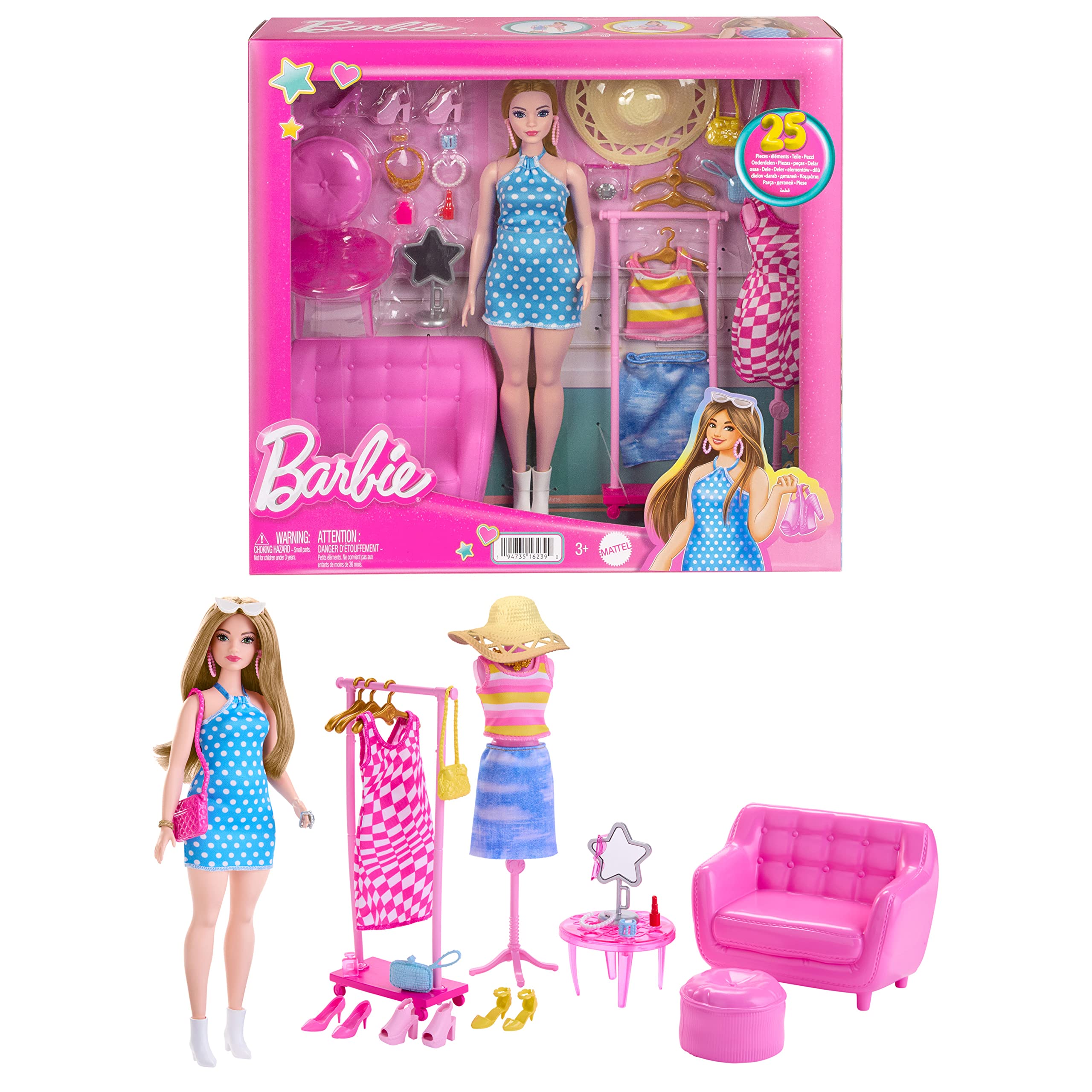 Barbie Doll and Fashion Set, Barbie Clothes with Closet Accessories like Rack and Mannequin, 32 Storytelling Pieces, HPL78