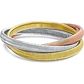 Omega Snake Cobra Wide Bangle Twisted Bracelet Bands Set Interlocking Flexible Stretch Bracelets for Women Silver Gunmetal Rose Yellow Gold Plated Stainless Steel Fits 8 to 8.5 inches Wrist