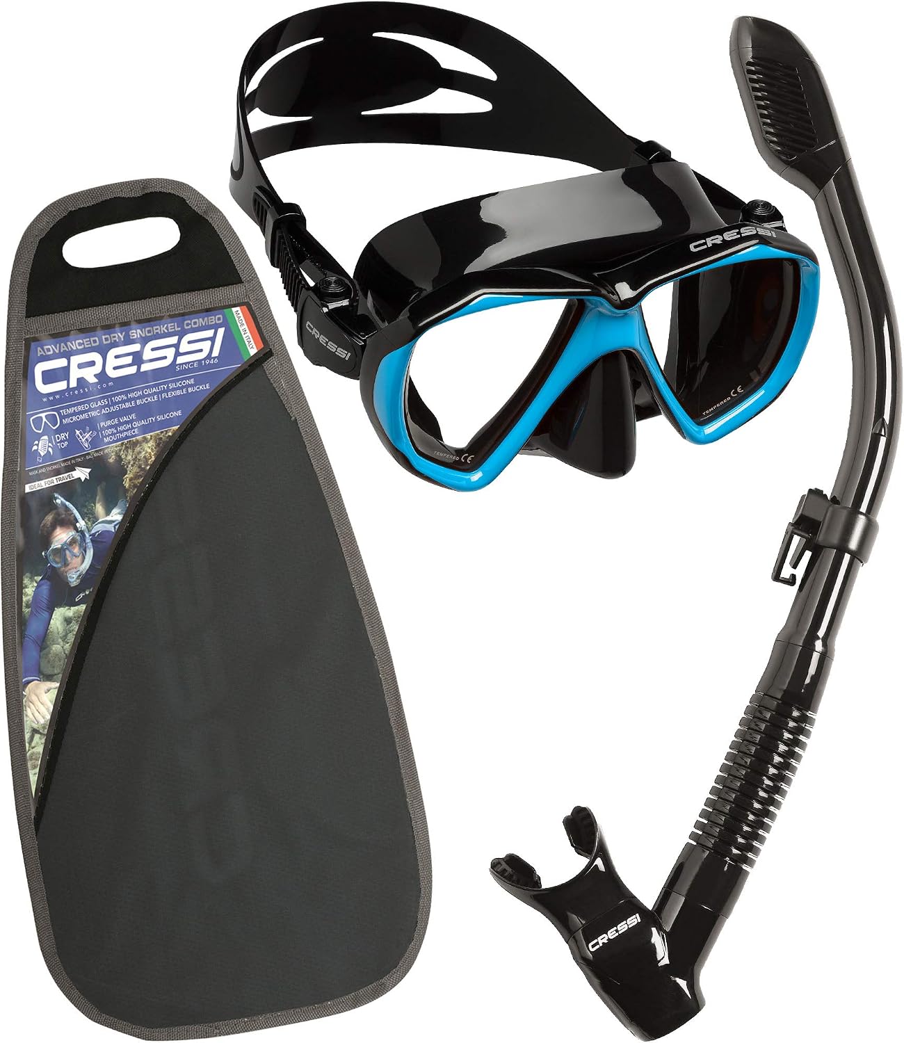 Cressi Set Ranger & Dry - Snorkeling Combo Set for Adults Mask and Snorkel in Practical Case, Black/Yellow, One Size