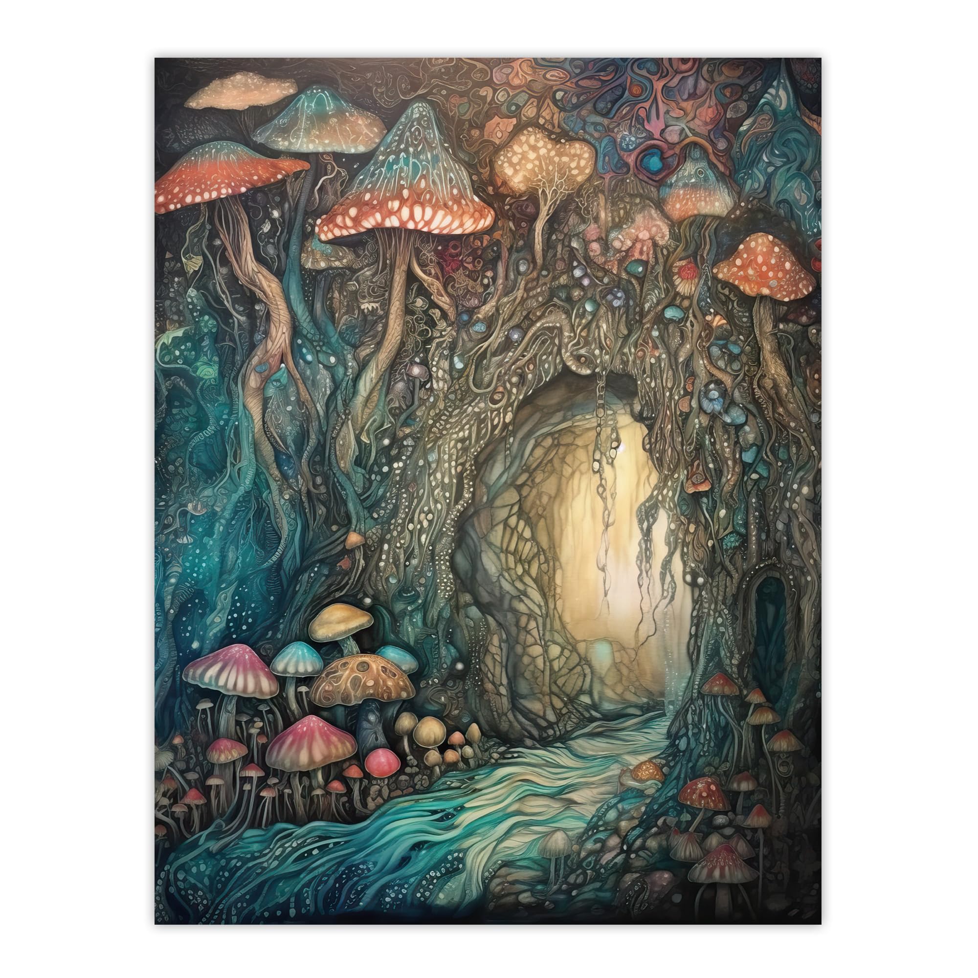 Artery8 Mystical Cave With Bioluminescent Mushrooms Watercolour Painting Blue Orange Red Shimmering Crystals Fantasy Landscape Colourful Magical Nature Modern Extra Large XL Wall Art Poster Print
