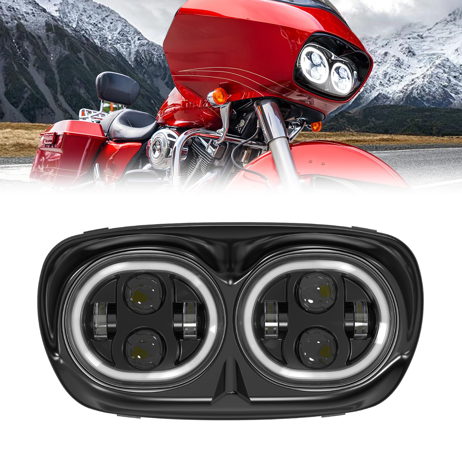 Photo 1 of LUXEMOTO Headlight with Halo Ring for Harley Road Glide 04-13, LED Motorcycles Headlights w/High Beam Low Beam Head Lamp Front Light Kits for Harley Road Glide 2004-2013 Accessories