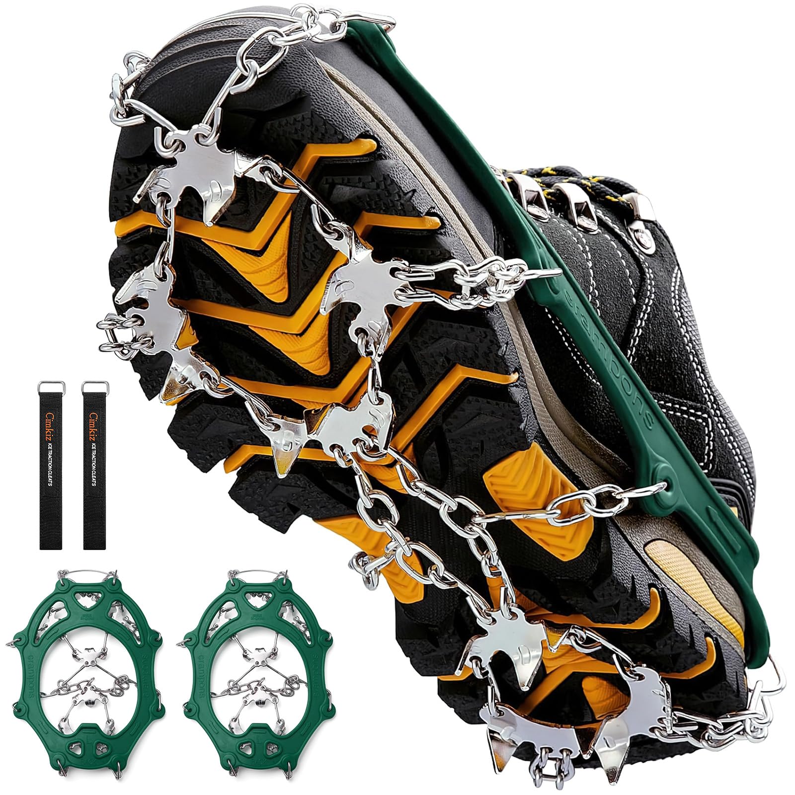 Photo 1 of Crampons Ice Cleats Traction Snow Grips for Boots Shoes Women Men Anti Slip 19 Stainless Steel Spikes Safe Protect for Hiking Fishing Walking Climbing Mountaineering (Green,L)