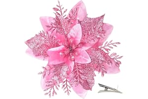 MIKAILE 20PCS Christmas Flowers Artificial with Clip, Christmas Poinsettia Flowers with Glitter Powder Decorations for Christ