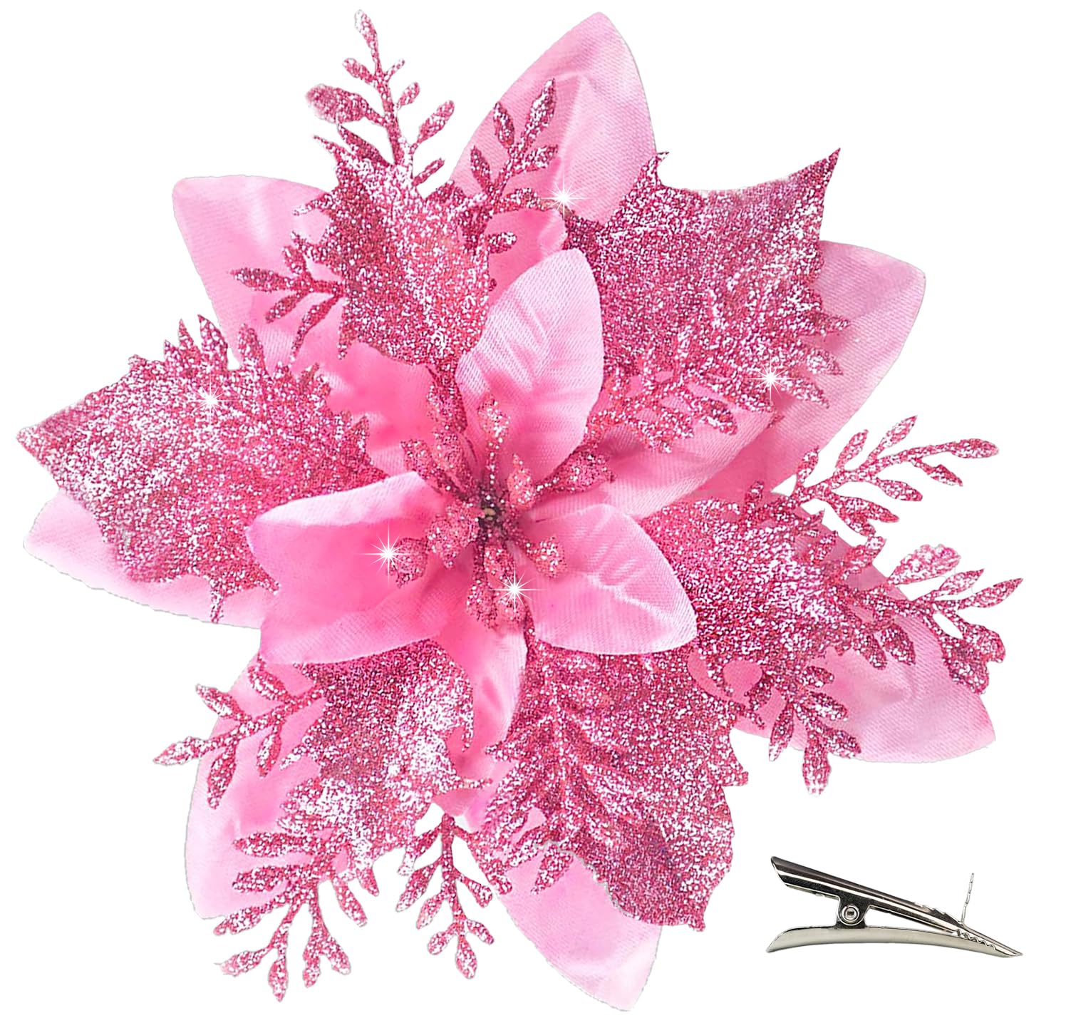 MIKAILE 20PCS Christmas Flowers Artificial with Clip, Poinsettia Christmas Decorations with Glitter for Christmas Tree Decorations Garland Wreaths DIY Ornaments (Pink)