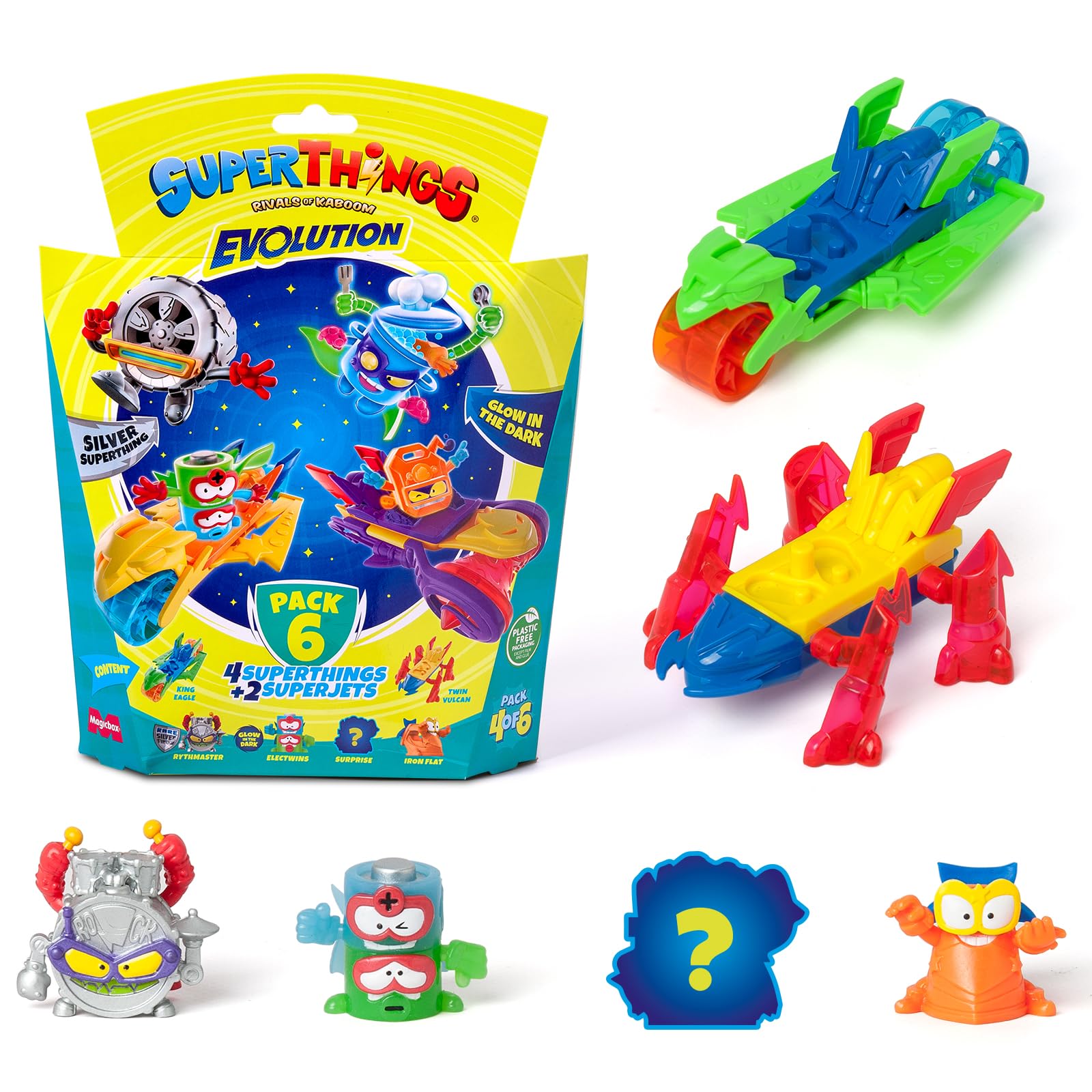 SUPERTHINGS Evolution series – Pack of 6. Includes 4 SuperThings (1 silver captain) and 2 Superjets Pack 4 of 6