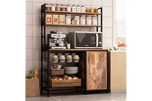 NAIYUFA Kitchen Bakers Rack with Baskets and Door,Industrial Microwave Oven Stand,Kitchen Utility Storage Shelf,Free Standing Kitchen Utility Cart Storage Shelf Organizer with Hooks