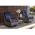 SHA CERLIN 3 Pieces Patio Furniture Set, Outdoor Swivel Glider Rocker, Wicker Patio Bistro Set with Rocking Chair, Cushions and Table (Blue)