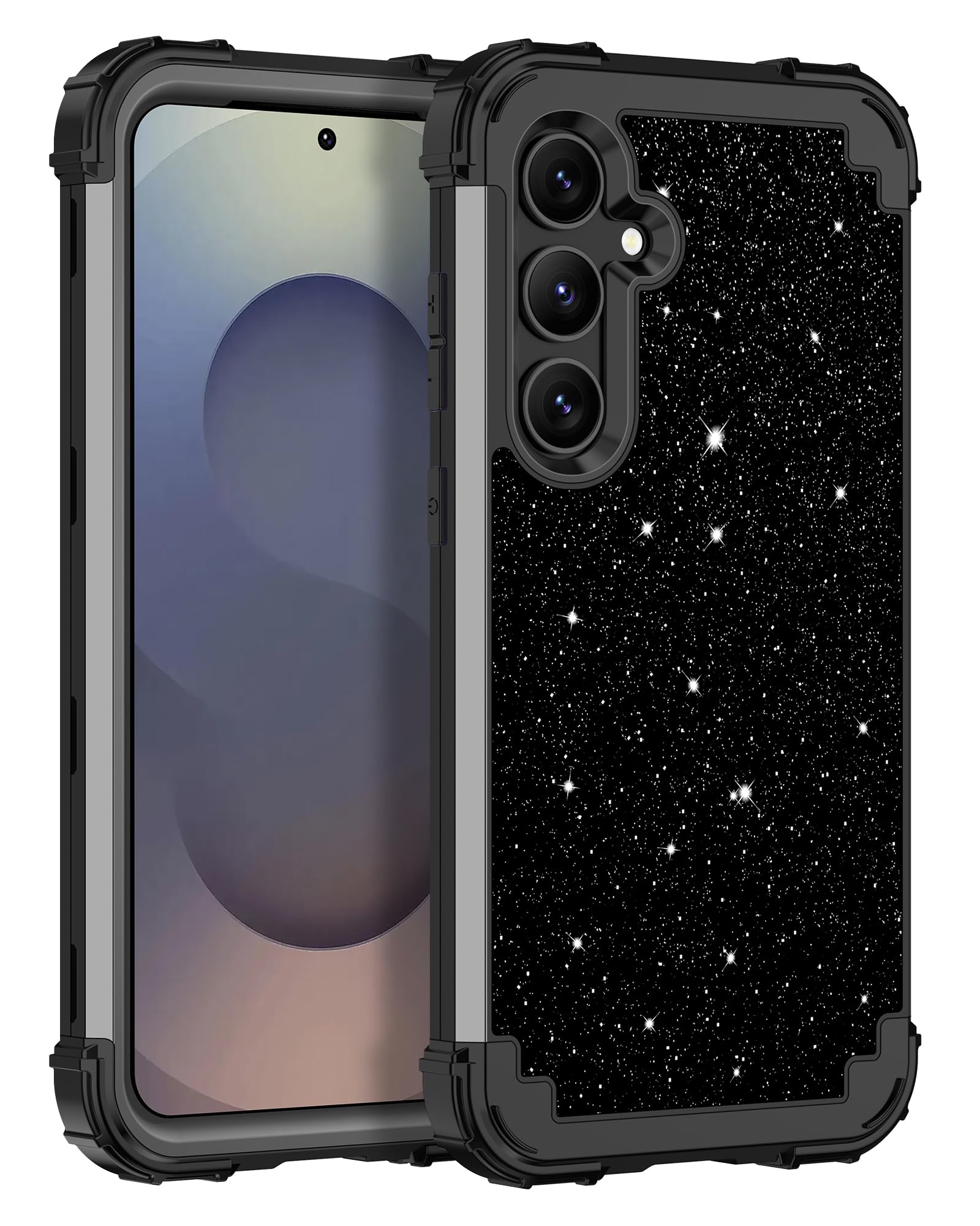 Photo 1 of LONTECT for Galaxy S25 5G Case Shockproof Three-Layer Heavy Duty Hybrid Sturdy High Impact Protective Cover Girls Women Glitter Case for Samsung Galaxy S25 5G 2025,Shiny Black