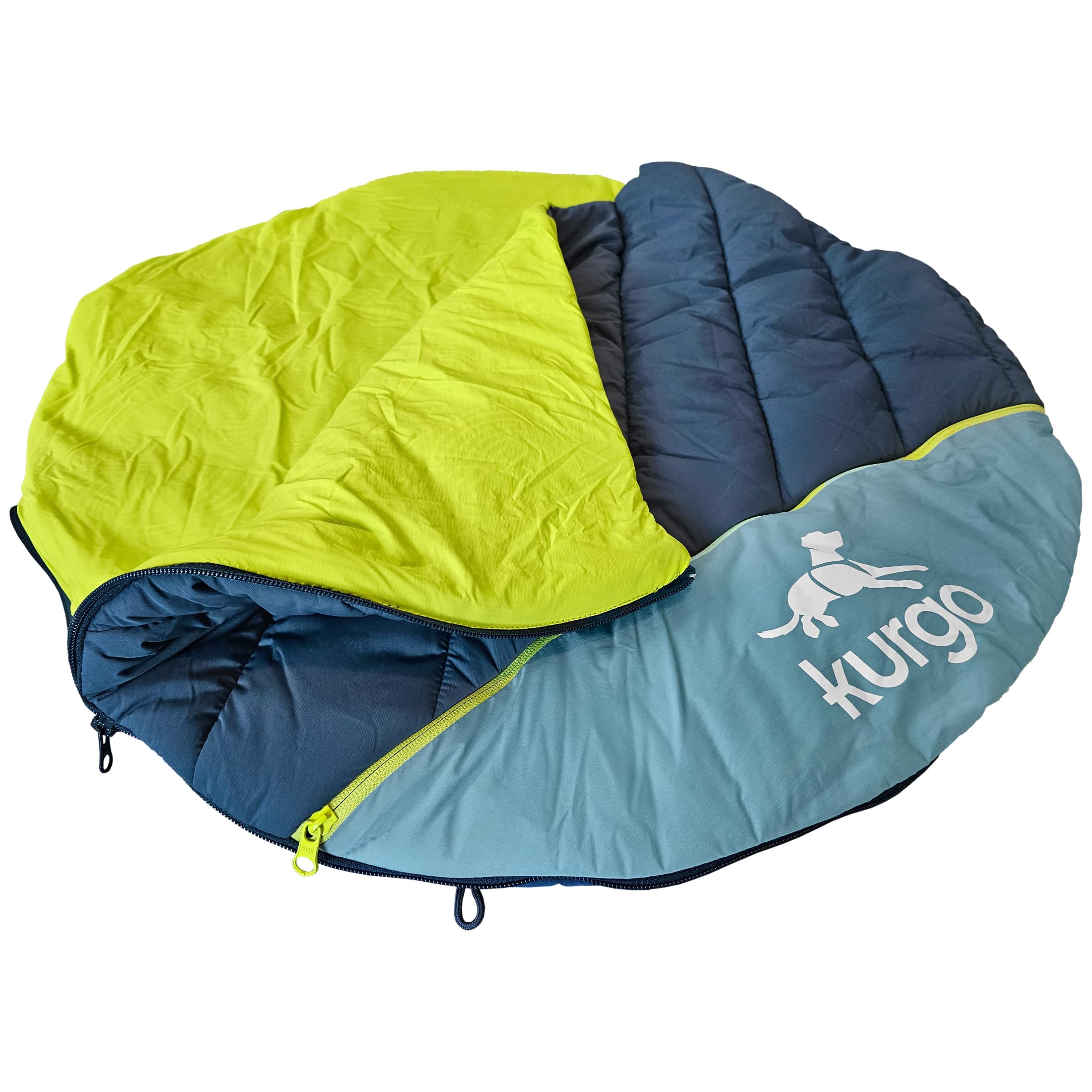 Kurgo Canyon Puffer Pup Sack, Travel Dog Bed for The Outdoors, Pet Sleeping Bag for Camping and Hiking, Packable with Stuff Sack, Durable, Water-Resistant (Medium, 30”, Ink/Slate/Green)