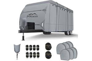 PROEZE Travel Trailer Cover, 30'-33' Extra-Thick Upgraded 6 Layers Top RV Cover, Heavy Duty Ripstop, Anti-UV, Waterproof Camper Cover with 1 Tongue Jack Cover, 2 Windproof Strap, 6 Gutter Covers