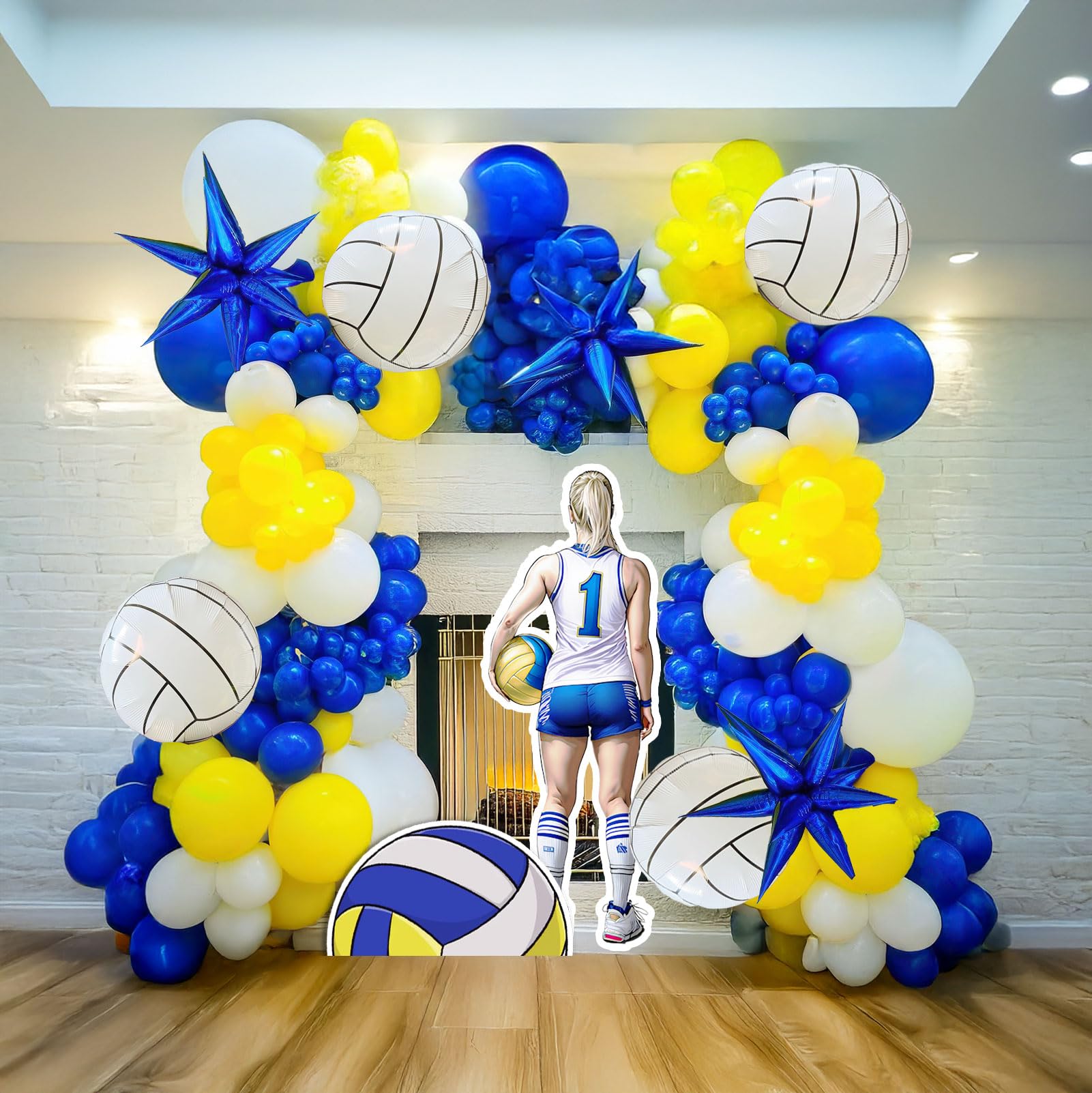 Photo 1 of 114 Pcs High School Volleyball Balloon garland arch Kit with Blue and Yellow foil star balloons for Teenage Interschool Volleyball senior Sports Theme birthday senior night party decorations