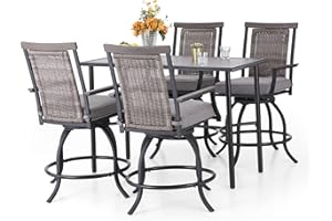 PHI VILLA 5 PCS Outdoor Counter Height Table and Chairs,Swivel Outdoor Bar Chairs with Grey Cushion and Metal bar Table for All Weather,Patio High Dining Set for Indoor,Garden,Yard