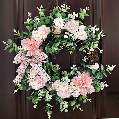 Amazon Olivachel 22 24インチ 人工リース ピンクの花 バラ ユーカリの葉 フロントドア用 農家風リース リボン付き ホームデコ ウェディングパーティー 22 24 Inch ピンク 造花 オンライン通販
