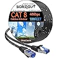 Sokqovt Cat 8 Ethernet Cable Slim 100ft Outdoor&Indoor, Pure Copper Cat8 Internet Cable for Waterproof & Direct Burial, Flexible Cat8 Ethernet Cable 40G 2000MHZ, Cat 8 Network Cable for Indoor Black