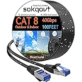 Sokqovt Cat 8 Ethernet Cable Slim 100ft Outdoor&amp;Indoor, Pure Copper Cat8 Internet Cable for Waterproof &amp; Direct Burial, Flexible Cat8 Ethernet Cable 40G 2000MHZ, Cat 8 Network Cable for Indoor Black