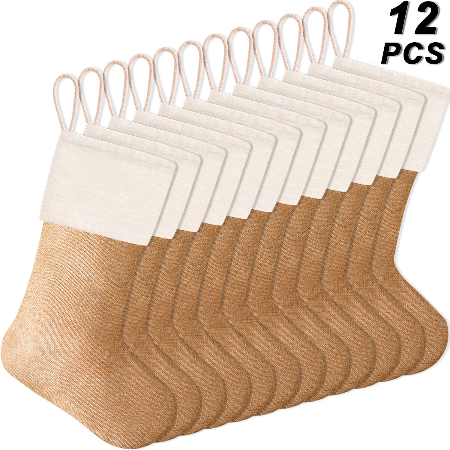 Vercoo 12 Pcs 16 Inch Burlap Christmas Stockings Xmas Fireplace Hanging Stockings Decoration Stockings for Holiday Xmas Party Decorations (12, Flaxen)