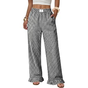 ANRABESS Womens Gingham Ruffle Hem Palazzo Pants | Wide Leg Elastic Waisted With Pockets, Vacation Lounge Pajama Plaid Trouse