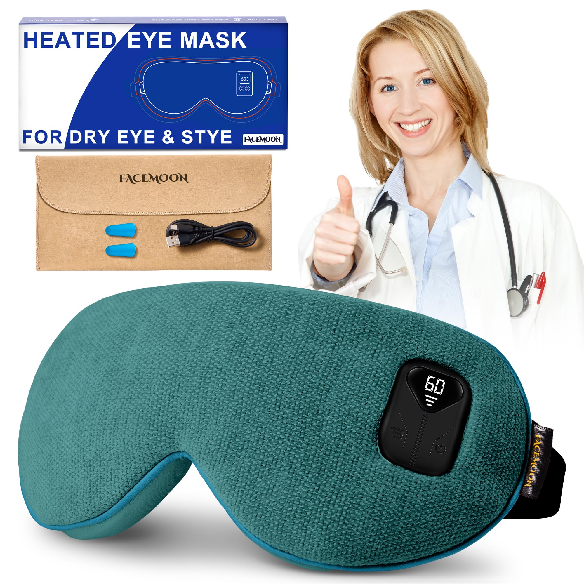 Photo 1 of FACEMOON Heated Eye Mask for Dry Eyes: Electric Warm Compress for Blepharitis Stye Tired Eyes - Cordless Heat Relief Heating - Stable Temp 1500 Mah Rechargeable Washable Green