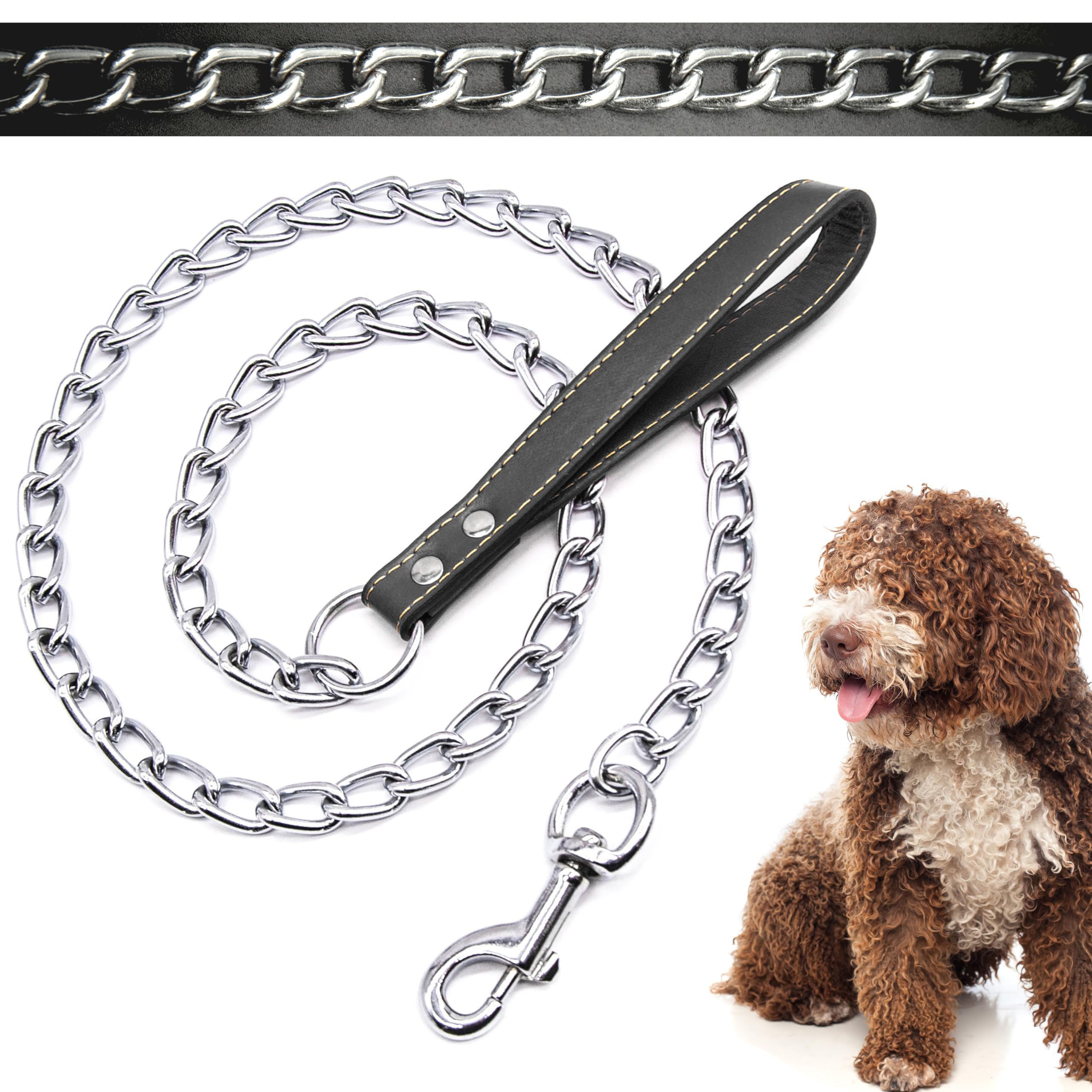 4ft (3mm) Premium DOG CHAIN with STRAP Chew Proof Dog Lead Hook Heavy Duty Outdoor Dog Camping Accessories Walking Dog Leashes Dog Chain Training Lead for Dogs (Black, 3mm (120cm))