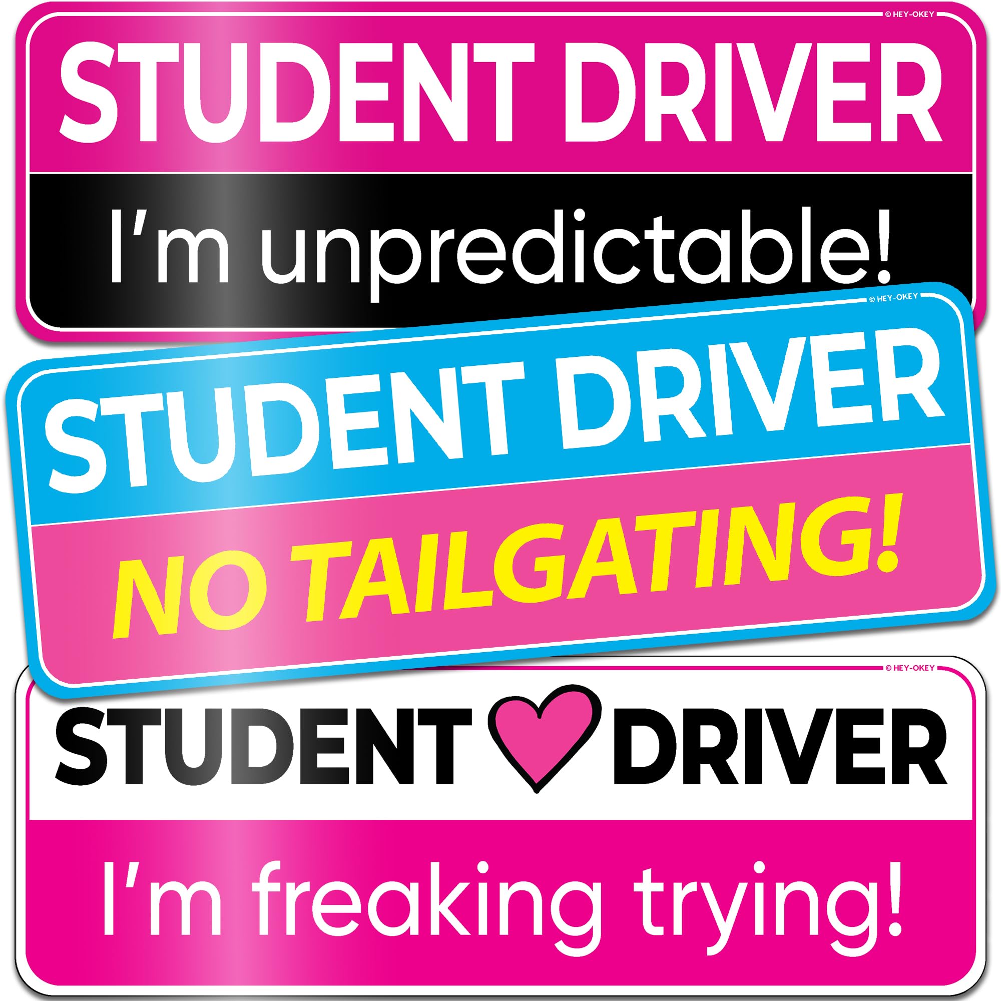 Photo 1 of 3-Pack HEY-OKEY Student Driver Magnet for Car – Metal Only (Not for Plastic/Aluminum) – Funny Pink Please Be Patient Reflective Magnetic Bumper Sticker – Removable Rookie Safety Signs – 10 x 3.5 in