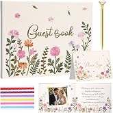 Linen Floral Embroidered Photo Wedding Guest Book with Pen and Sign Card | 160 Decorative Blank Pages, for Signature Blessing Advice and Keepsake Message, Wedding Bridal Baby Shower Funeral Supplies
