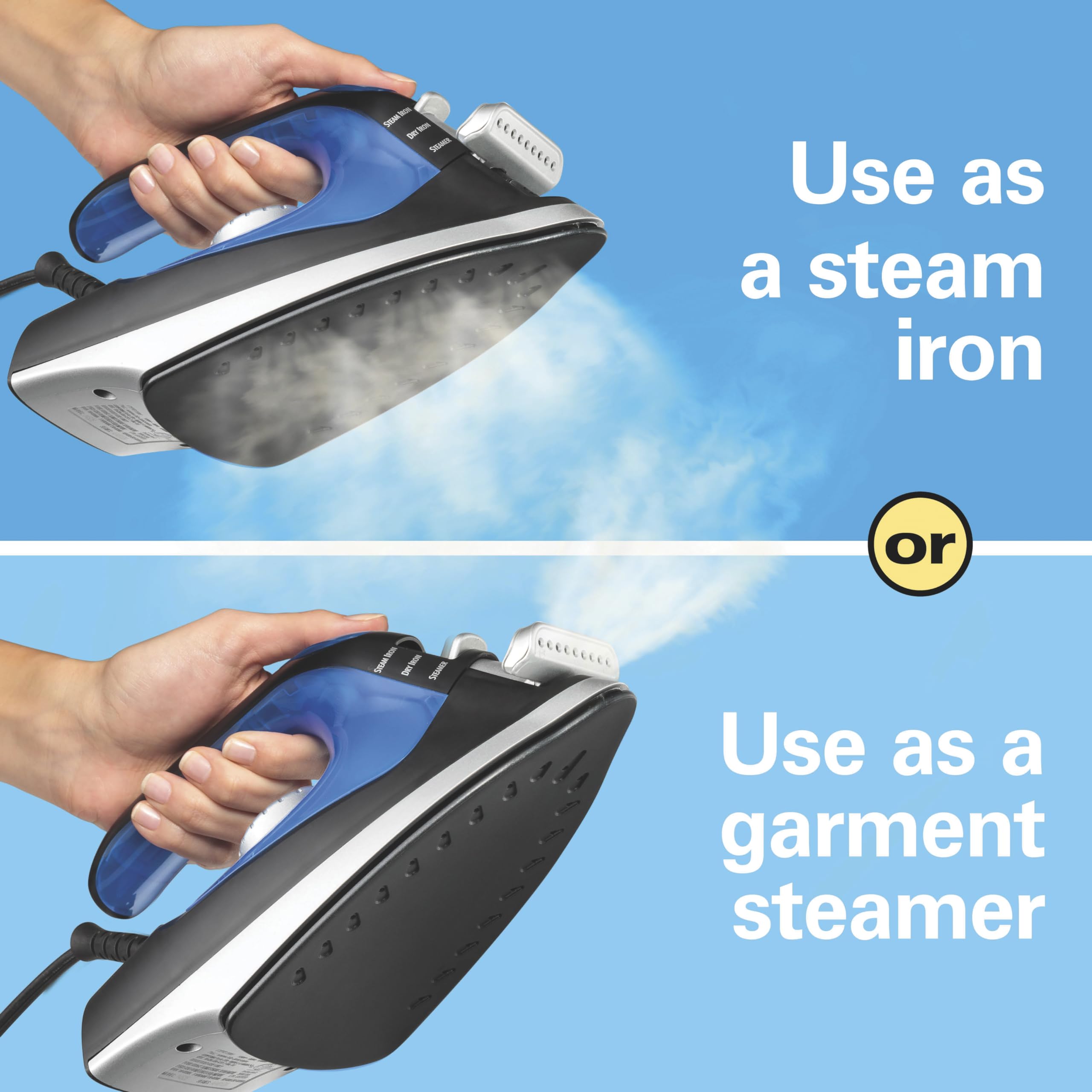 Hamilton Beach 2-in-1 Steam Iron for Clothes and Garment Steamer with 5 Temperature Settings, Nonstick Soleplate, 1200 Watts, 8’ Cord, Black & Blue (14525F)