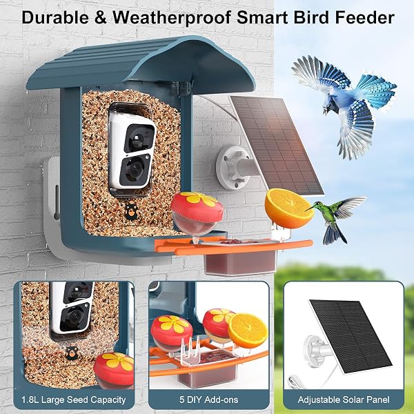 BIRDSNAP® PAV- SMART BIRD FEEDER WITH CAMERA SOLAR POWERED, 64GB CARD & 2K HD RECORD VIDEO BIRD CAMERA LIVE WITH 5 DIY ADD-ONS, AI IDENTIFY AUTO CAPTURE, IDEAL GIFT FOR BIRDS LOVER