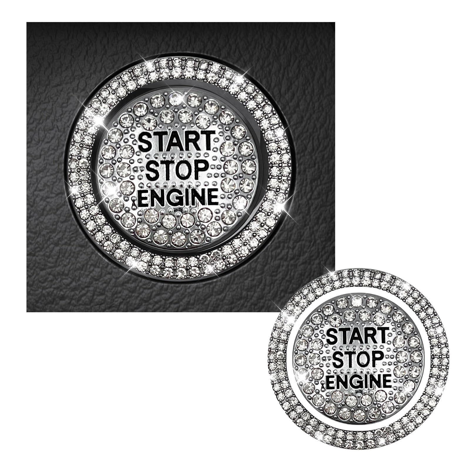 Photo 1 of Sylvil Bling Car Push Start Button Sticker, Sparkling Rhinestones Fully Protect Button Decorative Cover, Anti-Scratch Key Ignition & Knob Bling Ring, Car Accessories for Women (White)