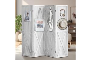 ALeesing 4 Panel Room Divider, 5.6Ft Pegboard Display Wood Room Divider Folding Privacy Screens, Peg Board Display Freestanding for Trade Show Craft Show Home Wall Organizer, Retro White