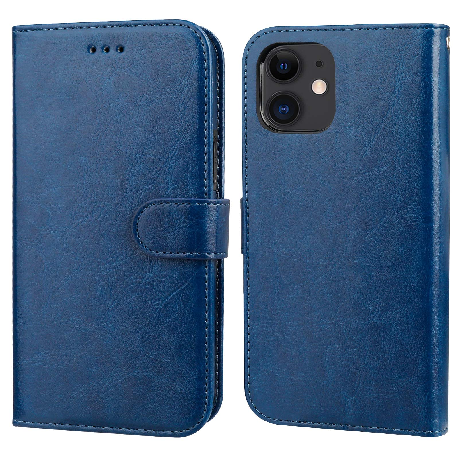Photo 1 of Bocasal Compatible with iPhone 12 & iPhone 12 Pro Wallet Case with Card Holder PU Leather Kickstand Shockproof Protective Wrist Strap Flip Cover 6.1" (Blue)
