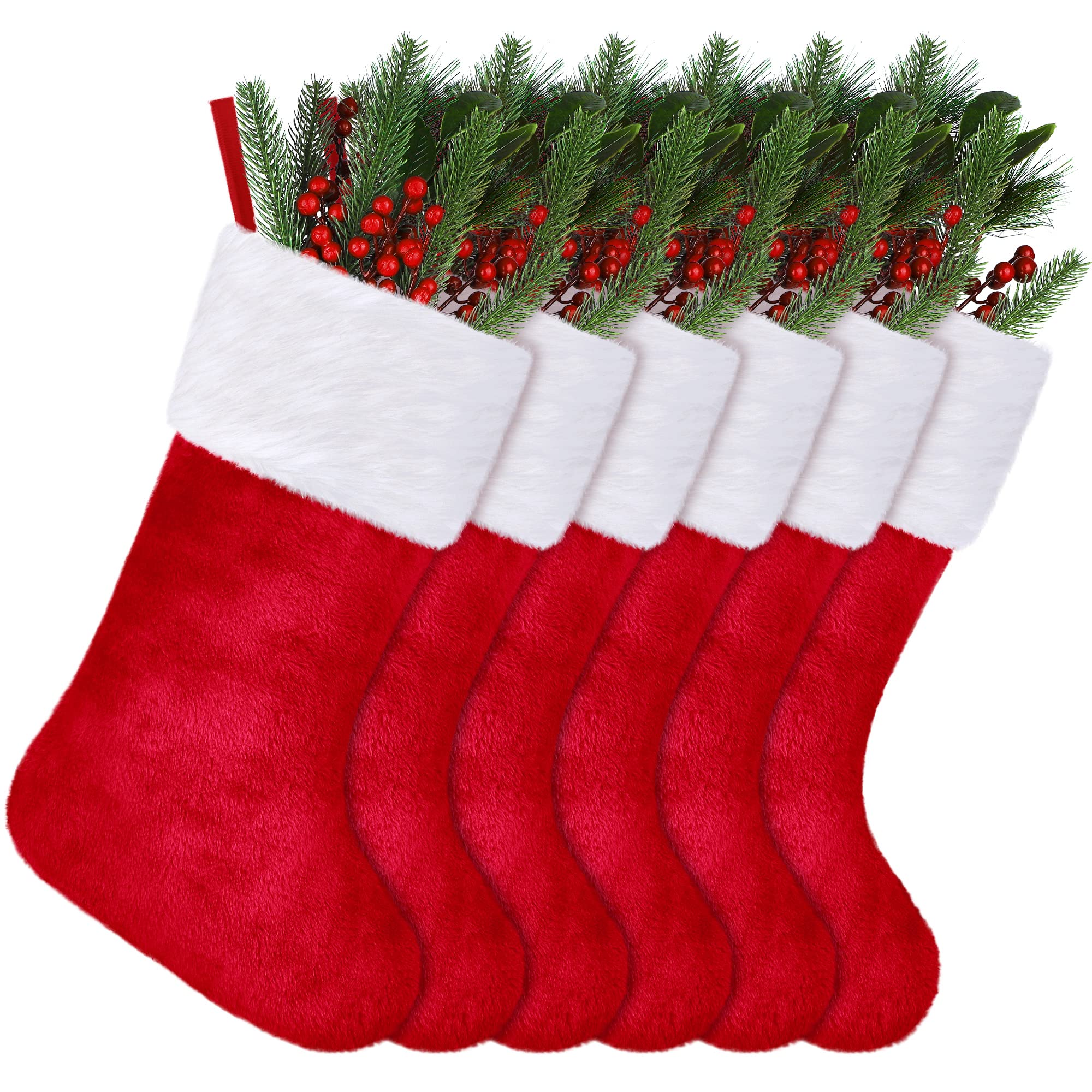 Photo 1 of ANVAVO 6 Pack Christmas Stockings 18 Inch Soft Classic Red Plush Stockings Xmas Fireplace Hanging Stockings Fireplace Decorations Plush Fur Cuff Stockings for Holiday Xmas Party Decorations