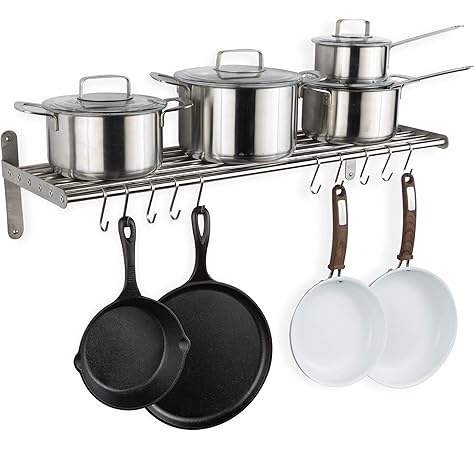 Stainless Steel Pot Hangers For Kitchen Spices Rack Audmore Kitchen Wall Mounted Thickened Pot Racks Multifunctional Kitchen Storage Rack Pot And Pan Rack With 5 Hooks Brushed Silver Amazon Sg Home Improvement