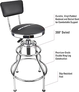 Olympia Tools 82-738 Metallic-Fiber Adjustable Hydraulic Stool with Easy to Clean seat Wipes and Padded Vinyl backrest,Slip-Resistant feet, Black