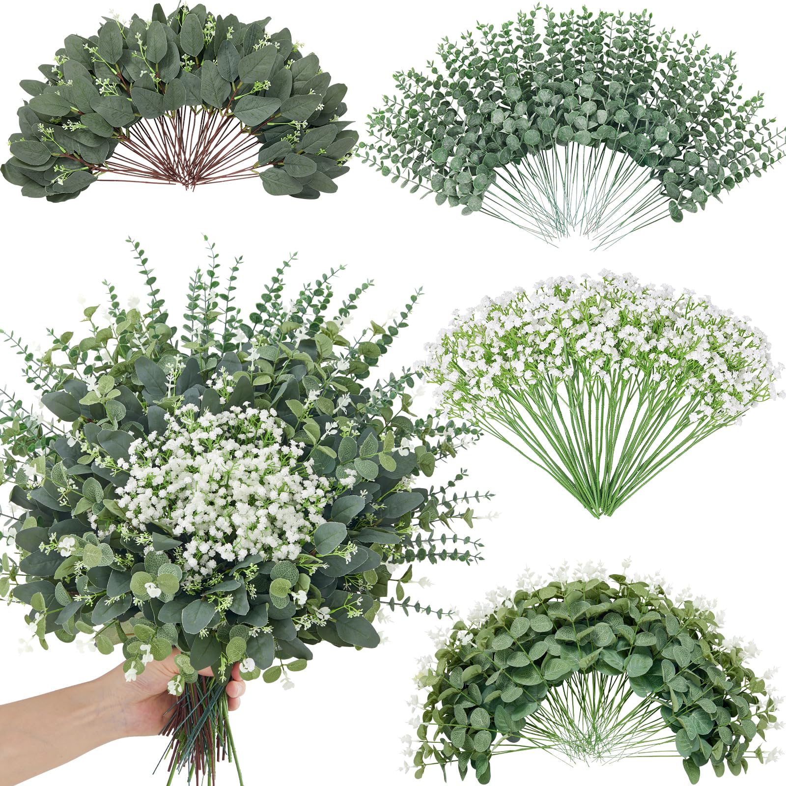 Photo 1 of Faylifeway 120 Pcs 4 Kinds Mixed Eucalyptus Greenery Stems, Baby Breath Flowers Artificial Bulk and Greenery Stems for DIY Bouquets Wedding Home Floral Decor