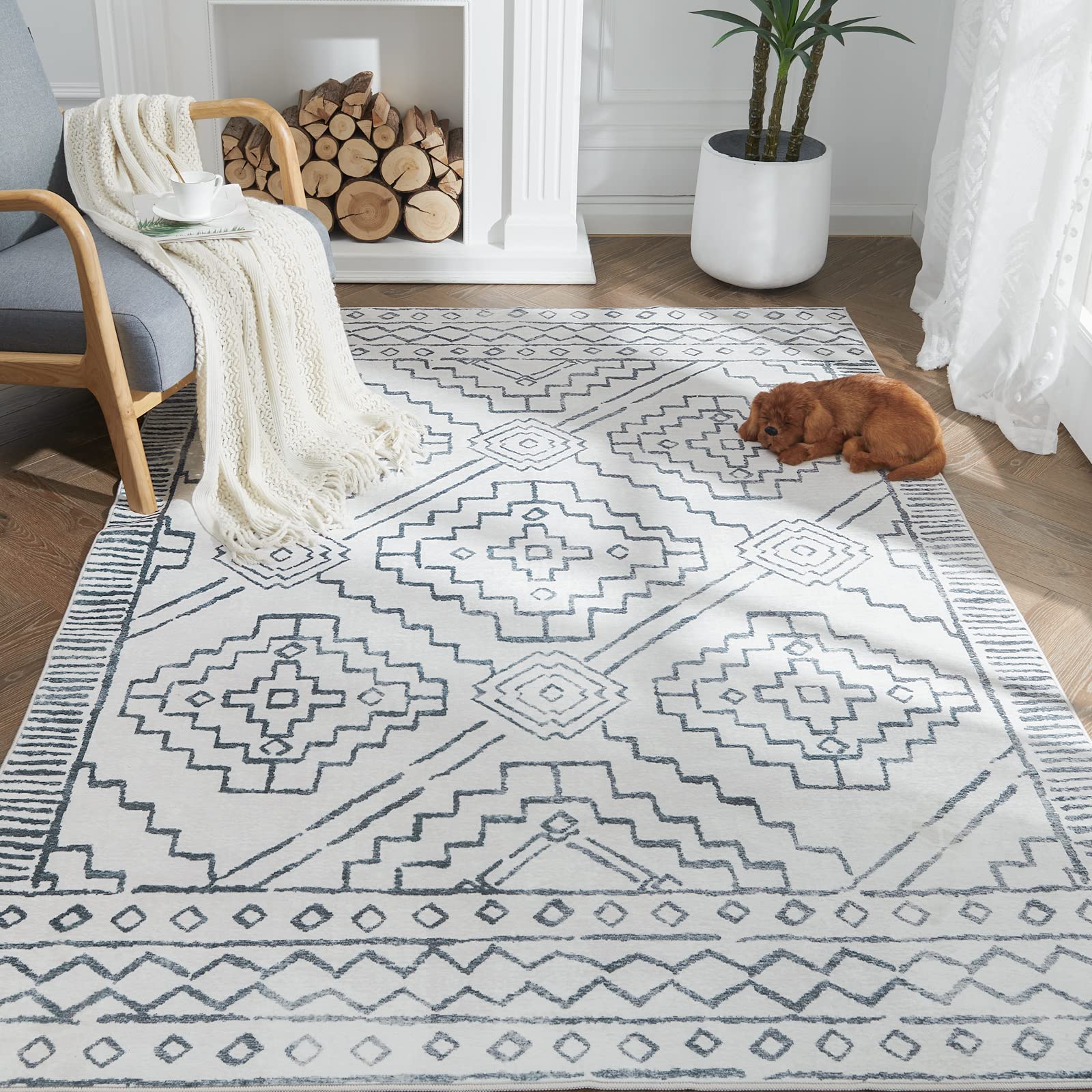 TOPICK Area Rug Grey 90x150cm Entryway Geometric Rug Hallway Kitchen Rug Accent Thin Lightweight Washable Rug Non Slip Carpet for Living Room Bedroom Office Dining Room