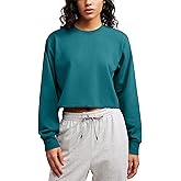 CRZ YOGA Womens Fleece Cropped Sweatshirts Crewneck Long Sleeve Double Raw Hem Workout Casual Pullover Tops