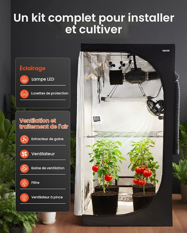 Chambre de Culture 100x100x200 cm Tente de Culture Kit Complet avec Éclairage LED Spectre Complet, Système Ventilation, Mylar 600D Hautement Réfléchissant, pour Plantes Intérieur Fleurs Légumes