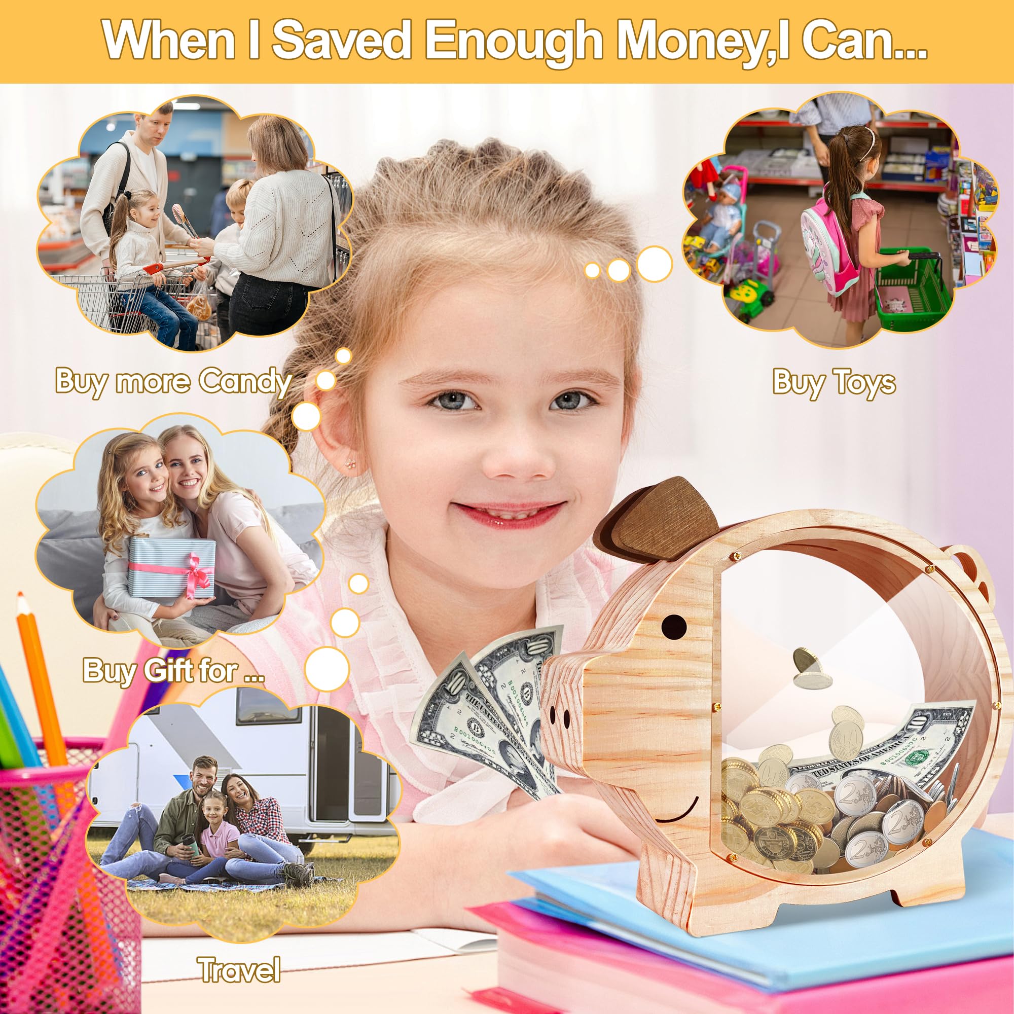 Piggy Bank for Kids Money Saving,Wooden Piggy Bank for Boys Girls,Unbreakable Piggy Bank with Letter Stickers,DIY Name Personalized Coin Bank for Children's Birthday Decor