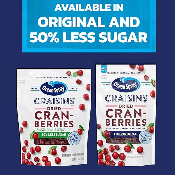 OCEAN SPRAY® CRAISINS®, 50% LESS SUGAR DRIED CRANBERRIES, DRIED FRUIT, 0.8 OZ POUCHES