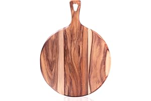 Acacia Wood Cutting Board Pizza Peel - EVNSIX Round Cutting Boards with Handle for Kitchen,Wooden Chopping Board Countertop f