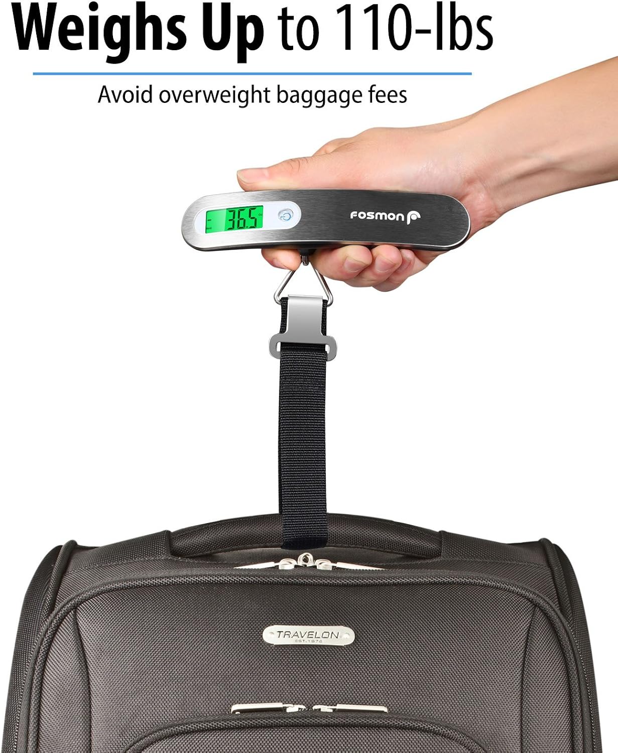  | Fosmon Digital Luggage Scale, Digitial LCD Display Backlight Baggage Scale with 110lbs Capacity, Portable Stainless Steel Hanging Luggage Weight Scale with Tare Function for Travelers - Silver | Luggage Scales