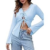 TAIPOVE Women's Long Bell Sleeve Ribbed Shirt Ruffle Tie Front Going Out Trendy Tops V Neck Fall Winter Blouse
