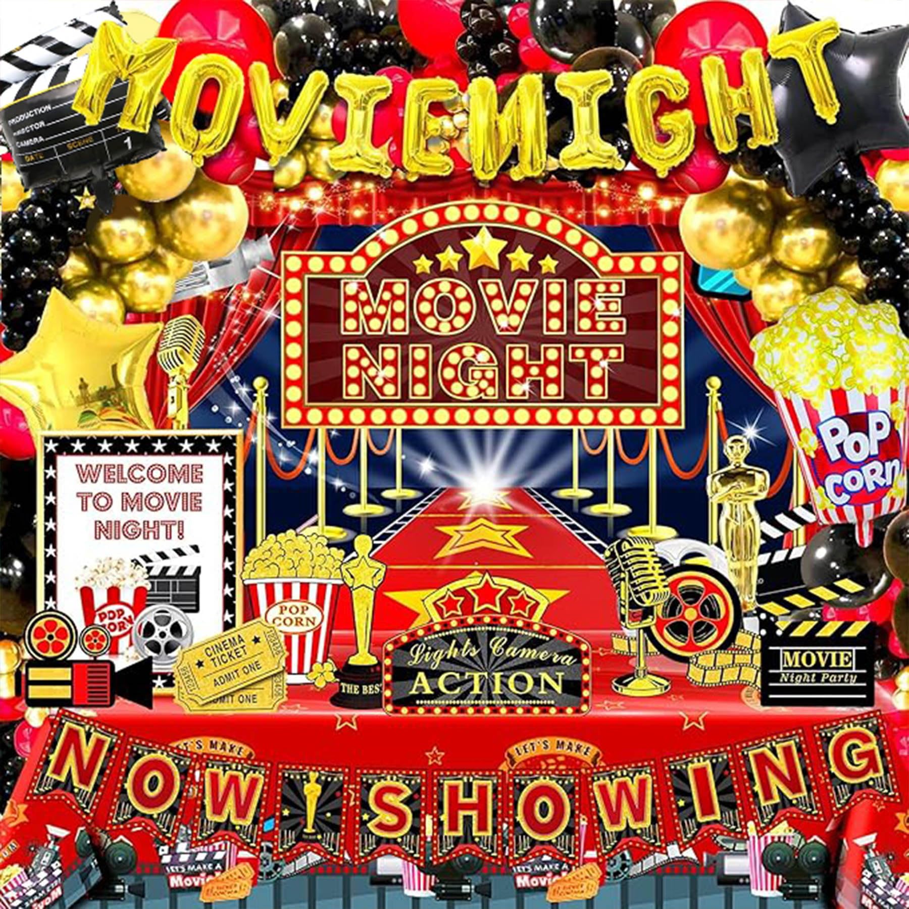 Photo 1 of Movie Night Decorations, Movie Theme Party Decorations, Movie Theater Decorations, Backdrop, Banners, Cardstocks, Tablecloth, Popcorn Clapboard Foil Balloons Arch for Movie Night Birthday Party
