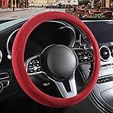 Binsheo Red Suede Steering Wheel Cover, Breathable Non-Slip Sweat-Proof Wear-Resistant No Pilling, Warm in Winter and Cool in Summer, Universal 15 inch