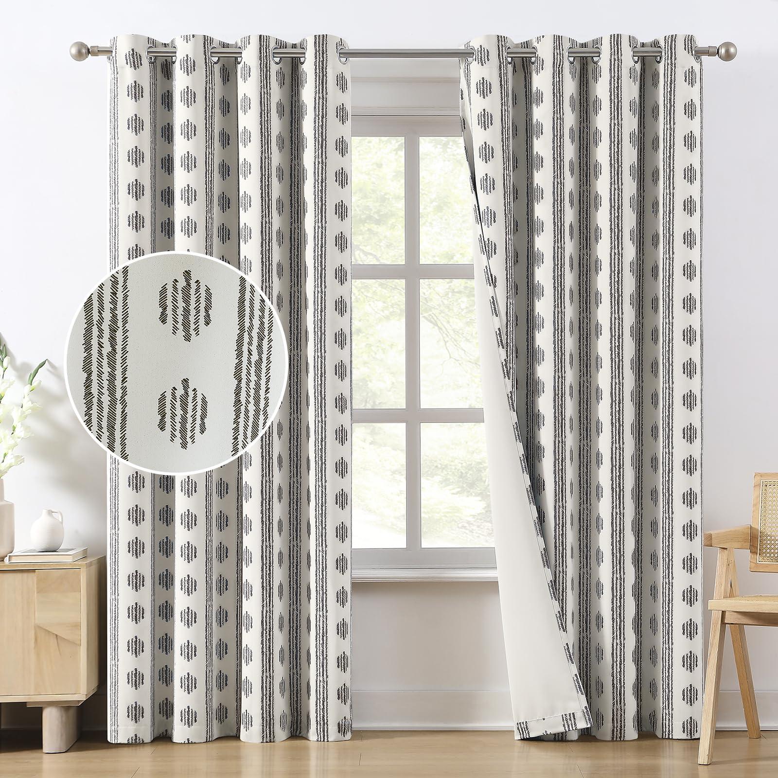 Melodieux Blackout Boho Curtains for Bedroom 84 Inch Length 2 Panels Set Black on Beige Striped Pattern Cotton Bedroom Curtains Grommet Room Darkening Curtains for Living Room Thermal Insulated